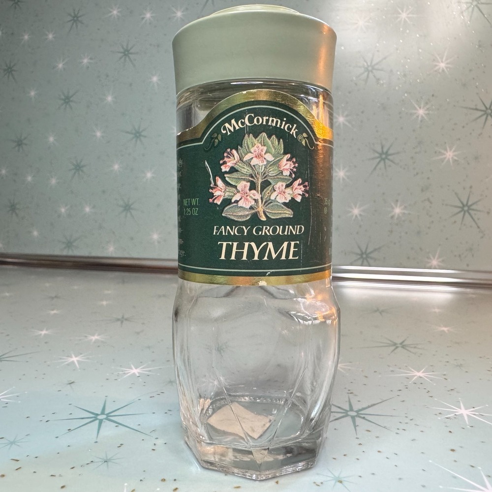 Vintage McCormick Fancy Ground Thyme Jar Green Label and Lid Glass Spice Bottle